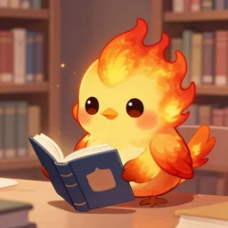 cute fiery bird looking at a book. inquisitive, kawaii, cute, adorable, chibi, digital art, trending on artstation, stylized, colorful feathers, fiery bird, background = library, anime art by Aokamei and Ross Tran