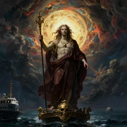 Charon the ferryman of Hades, by Rolf Armstrong, dramatic lighting, high contrast colors, baroque, empyrean, panoramic view, as trending on Artstation, highly detailed,