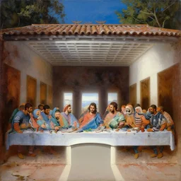 soccer players seating in the scene of the last supper, under the porch of a typical portuguese house, with typical alentejo landscape in the back, sunny morning, matte painting, oil canvas, photorealistic illustration, extreme detail, hyper realistic, highly detailed, digital art