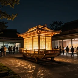 photo at night of an illuminated nebuta float kept in the nebuta museum wa rasse in aomori.