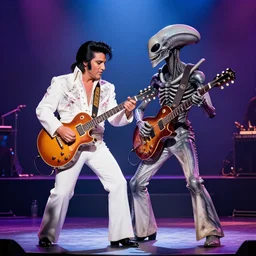 elvis and xenomorph, duet, ballad, las vegas lounge stage, 1 9 6 0 s, 8 5 mm, f / 2. 8, stage lighting, light haze