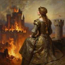 a beautiful realistic painting of medieval woman on top of a burning castle looking into the distance of fire, intricate, elegant, highly detailed, digital painting, artstation, concept art, by krenzcushart and artem demura and alphonse mucha