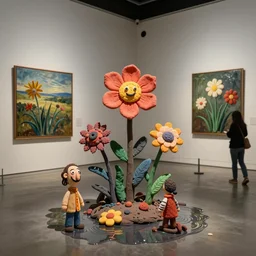 plasticine sculpture stop motion. clay flowers. salvador dali clay models. gallery paintings of flowers. visitors. water on floor. room with a small hole in wall. john craxton. high detail. photorealistic