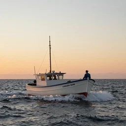 levitating fishing boat embarking on a foamy sea jean giraud cinematic sunset elemental forces