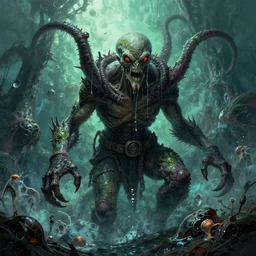 Cthulhu coming out of the Great Pacific Garbage Patch with thrash on his face, detailed fantasy art