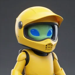 Soft yellow-suited usurper alien soldier with soft-yellow motocross helmet with blue glowing visor, holding an alien soft yellow energy rifle.