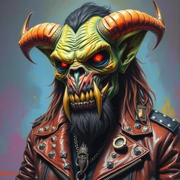 portrait of an apocalyptic demonic orc goblin biker character, psychedelic vibrant colors, futuristic punk rock fashion, oil painting by michael whelan art, studded leather jacket