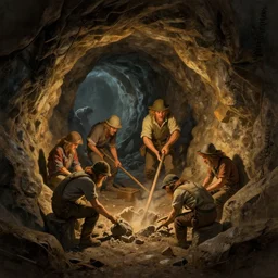 workers mining. the tight tunnels in the dwarven mines. mythos legendarium. lighting by james gurney. trending on artstation. digital art. masterpiece by the great artists. accidentalrenaissance.