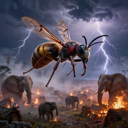 giant ichneumon megarhyssa wasps with elephant heads flying over burning village with thunderclouds and lightning at night, national geographic, planet earth, volumetric light, foggy, intricate details, epic, dramatic lighting, hdr 4 k uhd