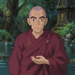 a film still portrait of a mauve old monk standing inside a flooded temple jungle. finely detailed features, closeup at the faces, chronenberg, perfect art, grimdark, trending on pixiv fanbox, painted by studio ghibli