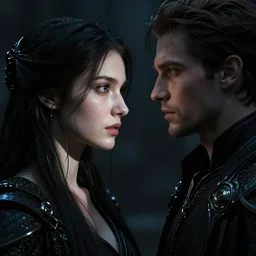 portrait of a beautiful woman and man looking to each other, high detail, partially in shadow, dark fantasy, sci - fi vibe, face, by gaston bussiere, bayard wu, greg rutkowski, auguste bourotte, bastien deharme, masterpiece, sharp focus, cinematic lightning