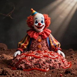 picture a clown made out of ground minced meat and ketchup sauce