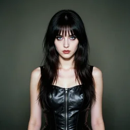 a medium full shot photograph of a young woman in leather dress, 9 0 s goth, dof, sharp focus, highly detailed face, symmetric face, realistic iris, cinestill 8 0 0 t, photography by paolo roversi