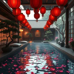 painting of private empty onsen next to japanese inn with levitating red lanterns and petals by greg rutkowski craig mullins ross tran bonsai trees cushions towels buckets zen garden flowers ornate japanese motifs concept art fantasy cinematic lighting unreal engine lumen reflections trending on artstation