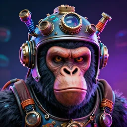 movie poster of an angry steampunk ape head with a steampunk space helmet with multicolored glowing tubes and cables, crisp, trippy, fluorescent colors, insanely detailed, 3 d render, front shot, 3 5 mm