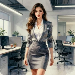 concept art of a modern office life, young attractive business woman, pencil miniskirt, pinterest, artstation trending, behance, watercolor *, by coby whitmore, silver, laser light,