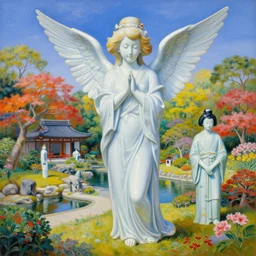 vibrant japanese garden by hieronymus bosch and james jean, ross tran, full porcelain japanese mannequin with beautiful angelic face, sky by damien hirst, very cohesive, serenity, hypermaximalist, 8 k, surreal oil painting, highly detailed, dream like, masterpiece