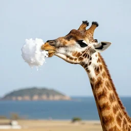a giraffe inhales a pile of snow into hit nostril, island background, photorealistic, 4 k