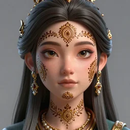 a stunning ultra detailed fantasy fine art portrait photo of a girl, 3 d model, by tom bagshaw, artgerm and natalie shau, henna tattoos on the face, paisley designs, 5 0 mm lens, unreal engine, deep depth of field, perfect eyes and face, soft lighting, artstation, 8 k