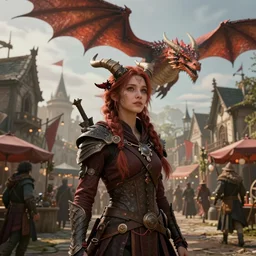 by oka yasutomo and anna dittmann, visually stunning, cinematic, ultra realistic, hyper realism, 1 2 k, epic, octane render, unreal engine, vfx, maya, a dungeons & dragons town square in a festival day, realistic alien medium shot portrait with horns, a red dragon flying in the sky, exquisite detail, extremely moody lighting, a thread knot girl
