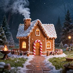 a foot path leads to a live - action gingerbread house where delicious smelling smoke curls out of a chimney. in front of the house is a sculpture made from a candy cane. snow flurries in the air, it's magic. a small fire pit is on the front lawn of the house. epic fantasy, awe inspiring, dramatic lighting, cinematic, extremely high detail, photorealistic, cinematic lighting, trending on artstation cgsociety rendered in unreal engine, 4 k, hq,