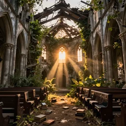 Wide angle photograph of the inside of an abandoned cathedral, with a broken roof and overgrown with vines and bushes, cinematic lighting, sun shafts, shafts of light, God rays, upturned pews, upturned chairs, old books on floor, epic scene, dramatic lighting, evening light, sunset, golden hour, fuji velvia, Flickr, national geographic, taken by Daniel Kordan