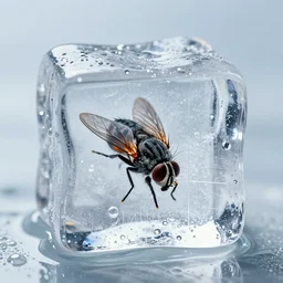 close up photo ice cube with a fly frozen inside, highly detailed, amazing lighting