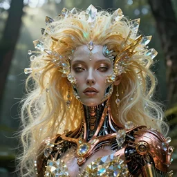 beauteous goddess sumptuous face, crystal, gold, copper, bronze biomechanical with incredible iridescent pearlescent voluminous neon hair, crystalline masterpiece incrustations, h. r. giger, hyperdetailed face, elegant pose, movie still, intricate, octane render, cinematic forest lighting, unreal engine, crepuscular rays, god rays
