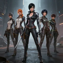 sci fi Bayonetta realistic characters, Greg Rutkowski, Zabrocki, Karlkka, Jayison Devadas, Phuoc Quan, trending on Artstation, 8K, ultra wide angle, pincushion lens effect