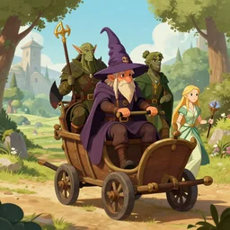 illustration of a cart being ridden by a halfling wizard, high elf ranger, dragonborn, elven bard, dungeons and dragons