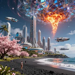 futuristic japanese megapolis on waiʻanapanapa state park black beach of maui during interstellar crystalized fractal kaleidoscope glass sky, blazing fire tornadoes, lush sakura, advanced civilization, high tech spaceships, by peter mohrbacher, james jean, james gilleard, greg rutkowski, rule of thirds, octane render, beautiful