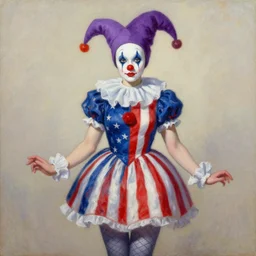 portrait of hell fairy clownpiece wearing american flag patterned dress and leggings and purple jester hat, thoma greg rutkowski alexandros pyromallis nekro illustrated art by ashley wood, detailed painting, oil on canvas