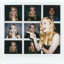 photo of elle fanning pointing and laughing at some incel loser that makes repeated photos of her on stable diffusion because he's a sick loser. polaroid. terry richardson.