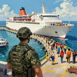 private military company operative guarding harborside entrance to sea liner ship filled with climate migrants by jorge jacinto, death stranding art style, vibrant colors, intricate, high detail, digital painting, ultra realistic, cinematic lighting, wide angle cinematography, artstation, 3 5 mm film grain