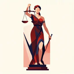 ( ( dither ) ), editorial illustration full body portrait of lady justice, modern art deco, red + black + dark blue + beige, ( ( mads berg ) ), christopher balaskas, moebius, rich grainy texture, detailed, dynamic composition, wide angle, gustav klimt, alphonse mucha, risograph