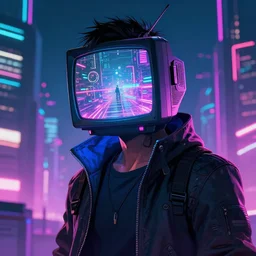 beautiful cyberpunk artwork of a man with a tv screen on his face, neon lights, neon city, cyberpunk 2 0 7 7, deviantart, artstation