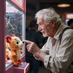 an elderly man desperately trying to win a joe camel plushie from a claw machine