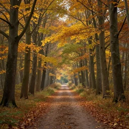beautiful forest path lined by fall trees, by alphonse mucha, by peter mohrbacher, unreal engine render, highly detailed and intricate, 3 5 mm lens, cinematography