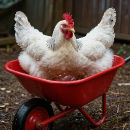 a red wheelbarrow glazed with rainwater beside the white chickens