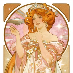 Queen story hour aboard the USS Enterprise Glamourous Beauty Sparkles Glitter Feminine Pink In the style of Alphonse Mucha