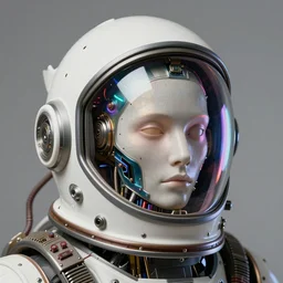portrait of a biomechanical head inside a cyberpunk space helmet, vintage transistors, neon, white metal, iridescent visor,  smooth, sharp focus, art by Greg Rutkowski and artgerm and Alphonse Mucha,