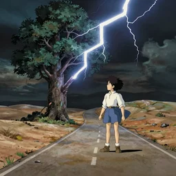 a study of a cell shaded cartoon of lightning hitting a tree from howl's moving castle ( 2 0 0 4 ) at night on a desert road, full body, wide shot, very muted colors, post grunge, studio ghibli, laurie greasley, highly detailed, deviantart, art by artgem