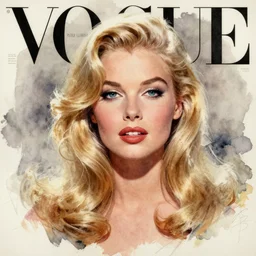 stunning award - winning portrait by peter lindbergh of a beautiful young blonde woman. vintage hollywood glamour. long shiny wavy hair. movie star makeup. vogue. watercolor painting on canvas. brush strokes. ink and graphite markings.