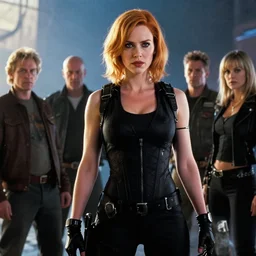 screenshot of a scene showing christina hendricks as the terminatrix in terminator 3 ( 2 0 0 3 ). 8 k. hdr. global illumination. radiant light. lighting by james gurney. characters by norman rockwell, ilya kuvshinov, artgerm, and sakimichan.