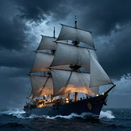 a man-o'-war warship sailing through a heavy storm at night, art, high definition, high detail, 8k,