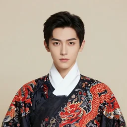 concept art, a young man with danfeng eyes, fair complexion, straight nose, thin lips, delicate eyebrows, handsome and elegant, always wears a set of hanfu embroidered with red dragons, conrad roset, greg rutkowski, flume cover art