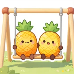 die cut sticker of two cute kawaii smiling pineapples on a swing set