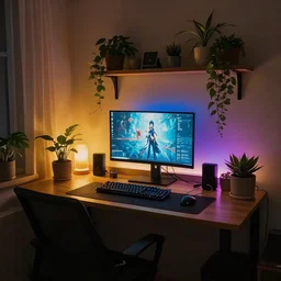 a cozy HYGGE gaming station, dim lights, many plants, night