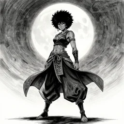symmetry, female instagram model in afro samurai anime style, full body profile, dynamic wide angle lens, manga style, greg rutkowski, pencil and ink, full moon lighting, fully clothed