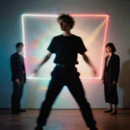 a blurry dynamic elegant portrait of marcel duchamp with neon backlights, rimlight prismatic refractions, photography by irving penn and rinko kawauchi